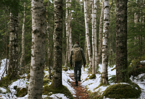 Dense boreal pine and birch forest in the Laurentians