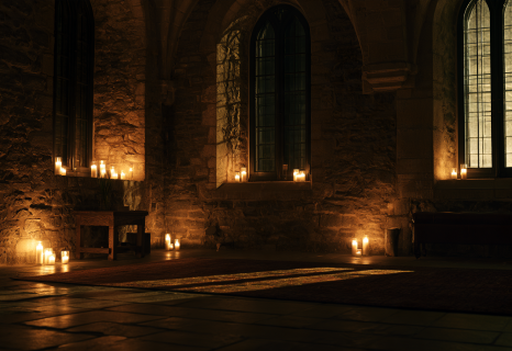 Silent candlelit cloister meditation hall in Quebec