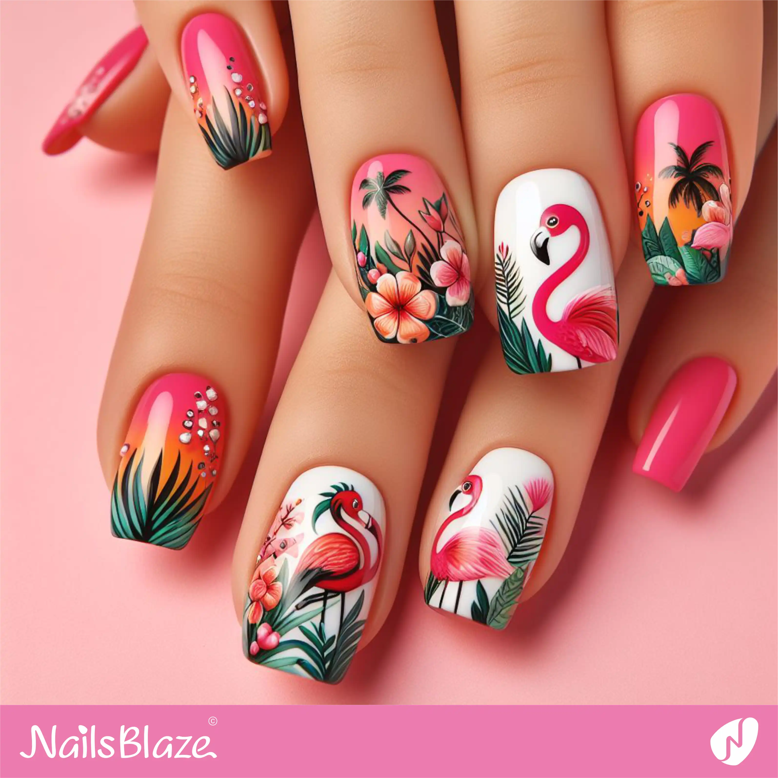 Tropical Flamingo Floral Nail Design| Tropical-NB-D-121