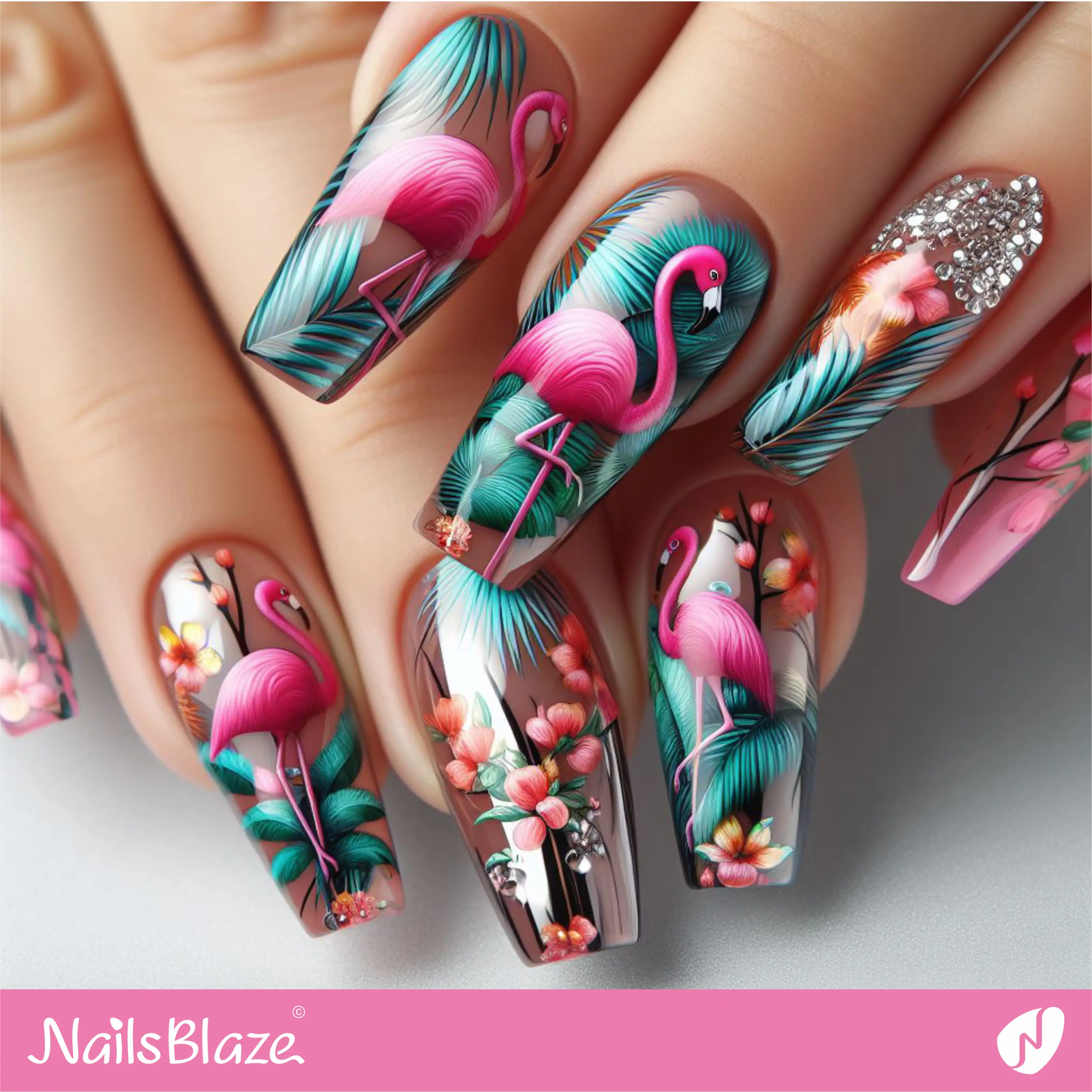 Embellished Tropical Flamingo Nail Design| Tropical-NB-D-125