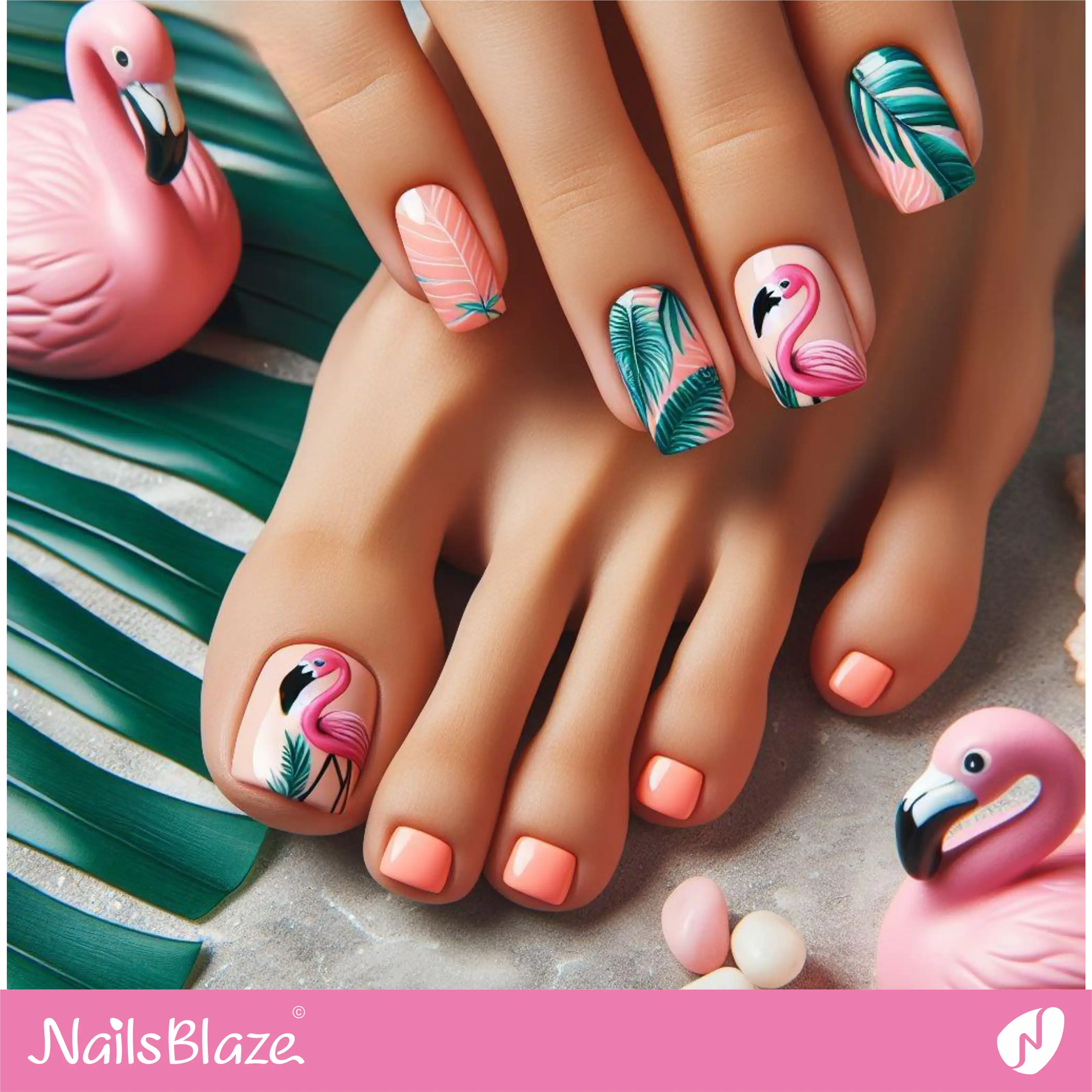 Tropical Flamingo Toenail Design| Tropical-NB-D-123