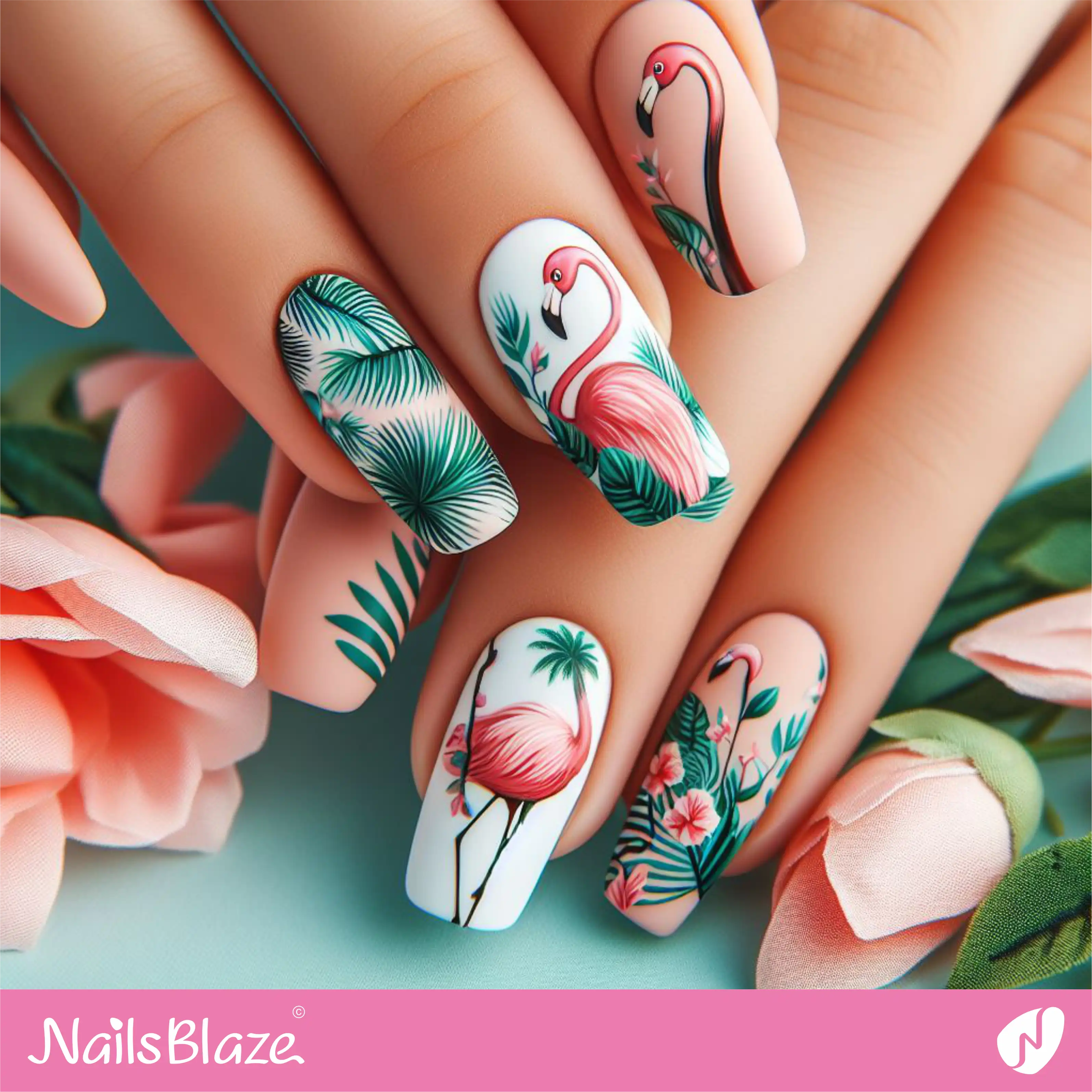 Tropical Flamingo & Fern  Nail Design| Tropical-NB-D-127