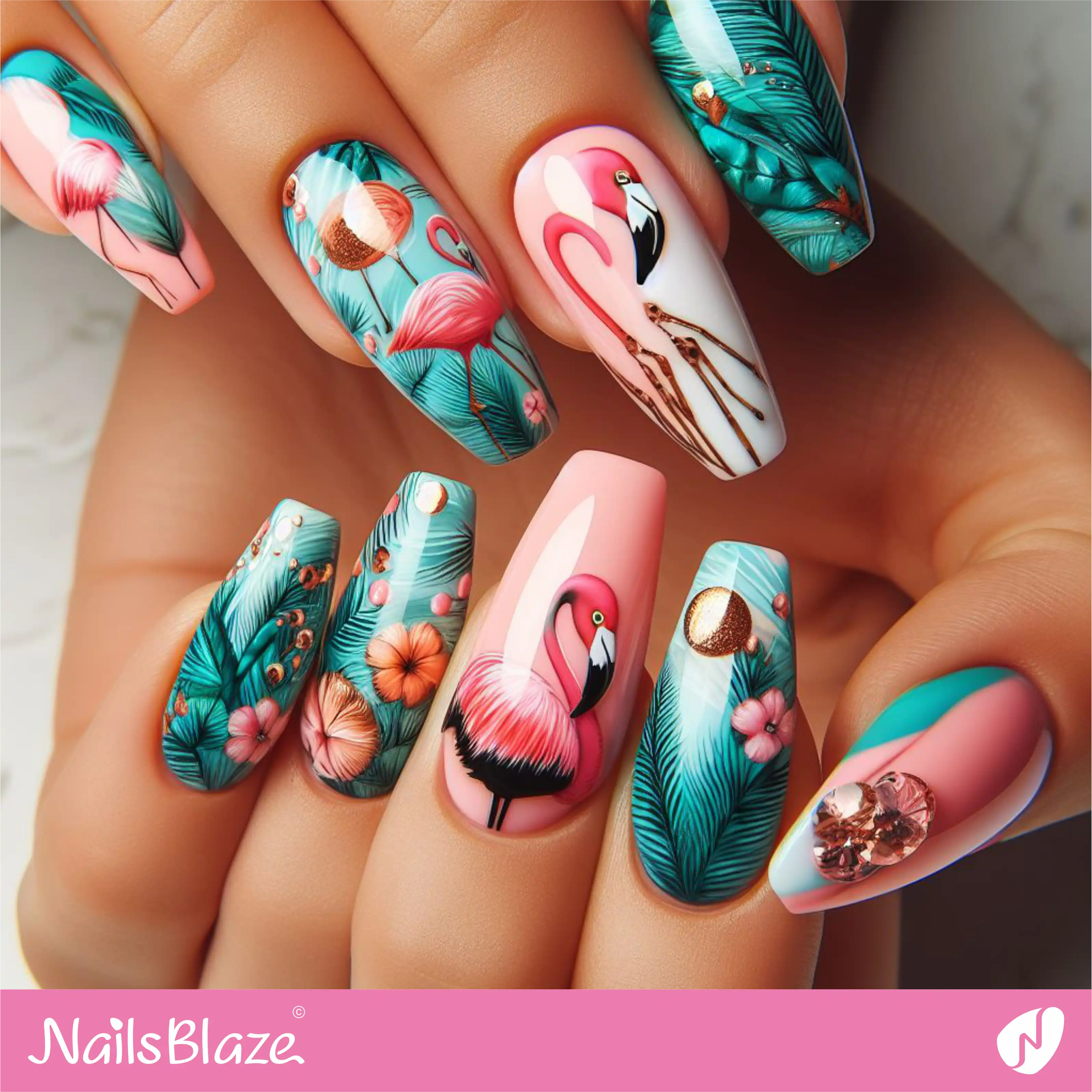 Tropical Flamingo Ballerina Nail Design| Tropical-NB-D-129