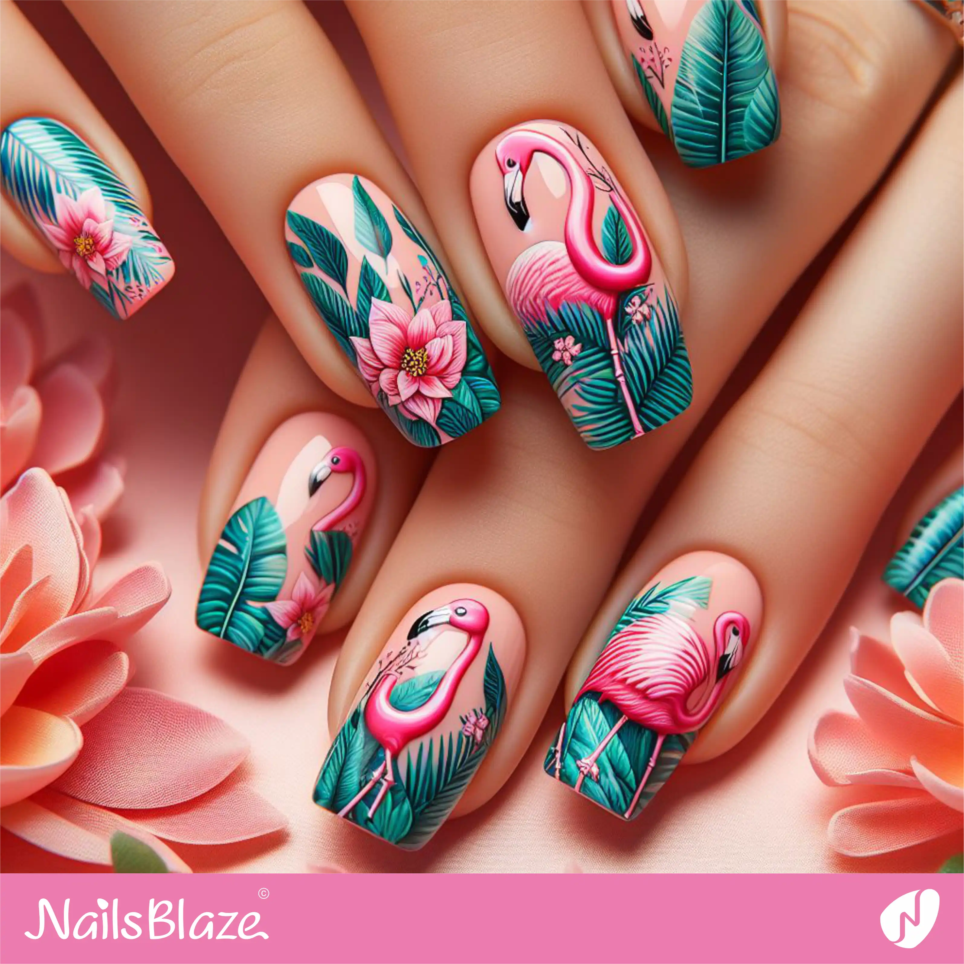 Tropical Flamingo & Fern  Nail Design| Tropical-NB-D-128