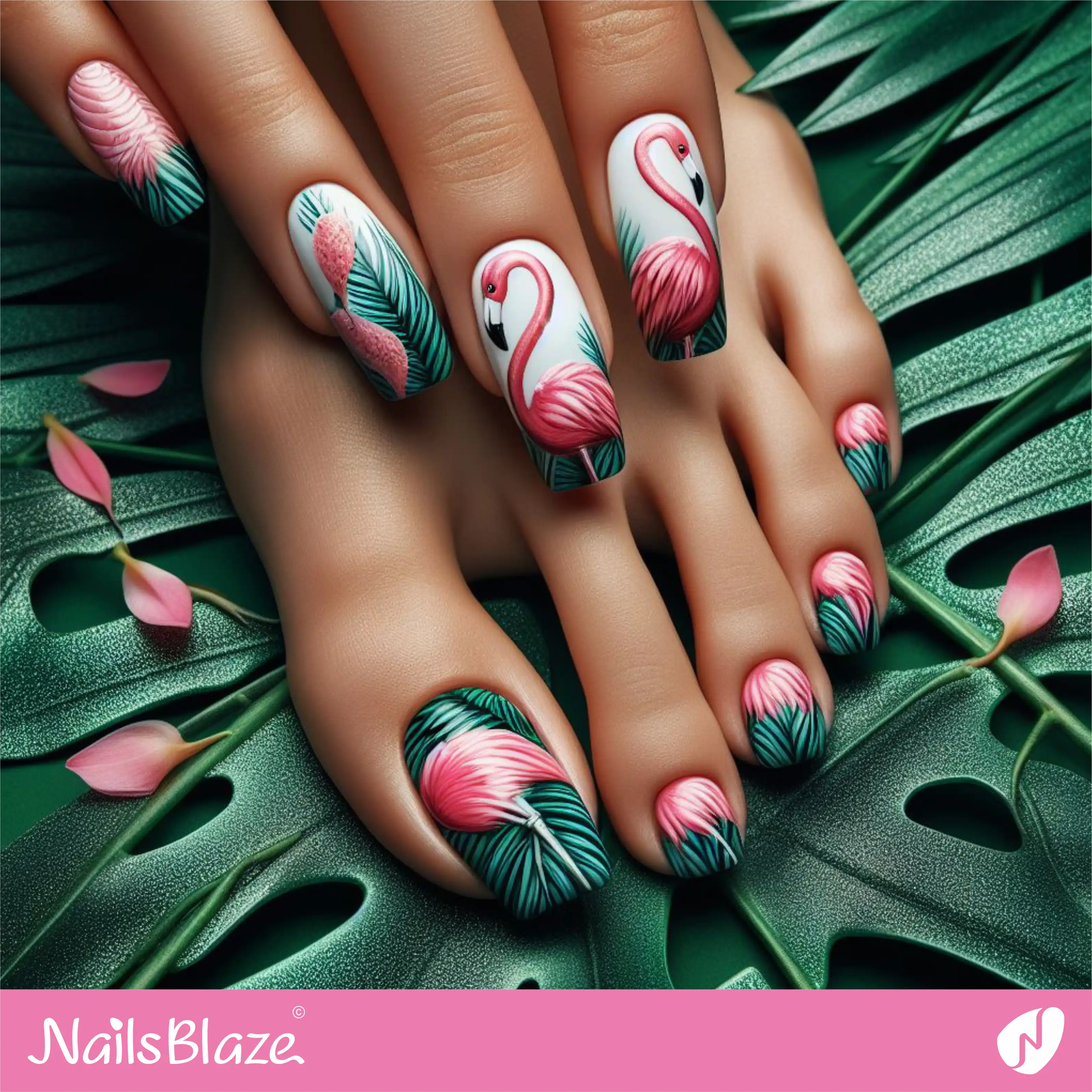 Tropical Flamingo & Leaf Nail Design| Tropical-NB-D-122