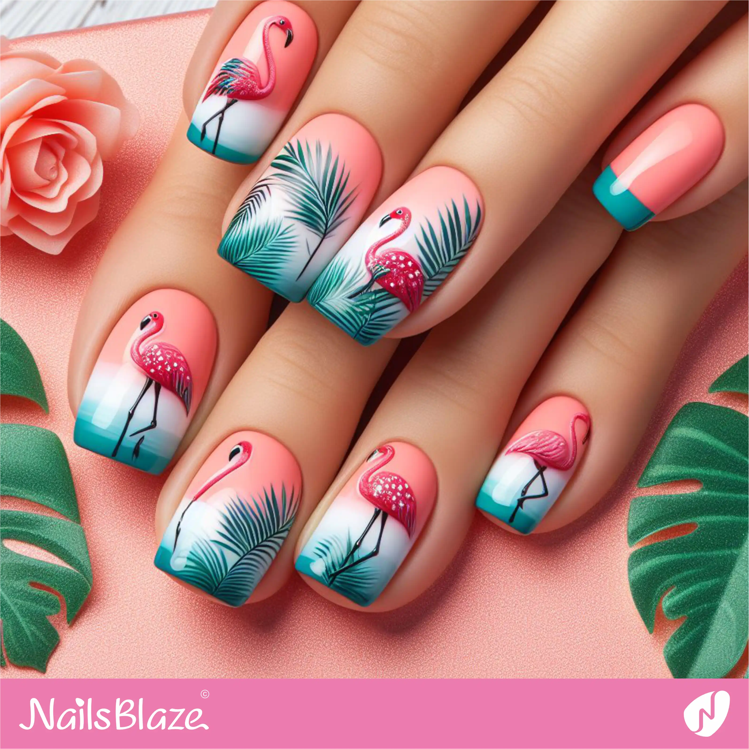 Tropical Flamingo French Nail Design| Tropical-NB-D-533