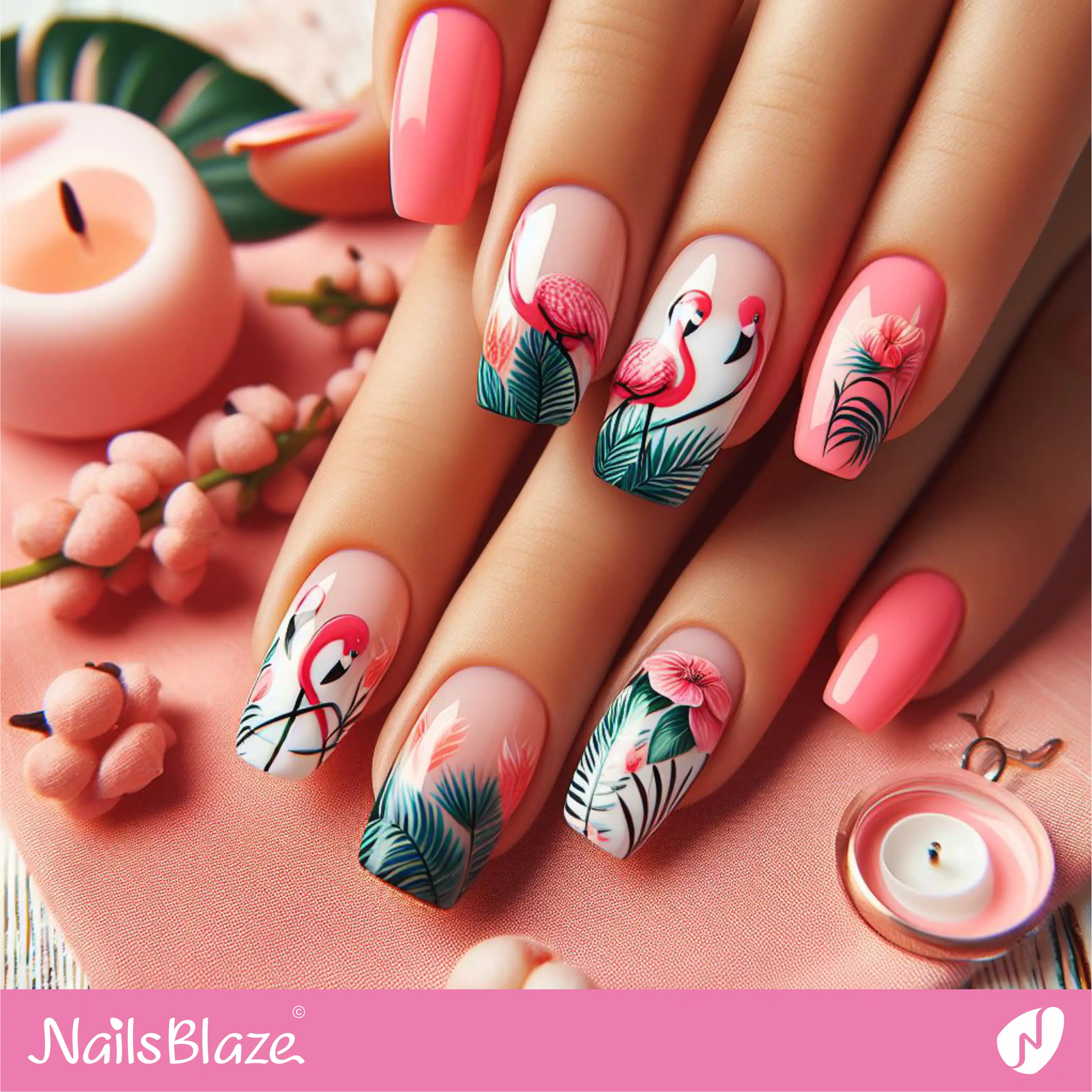 Tropical Flamingo Glossy Nail Design| Tropical-NB-D-134