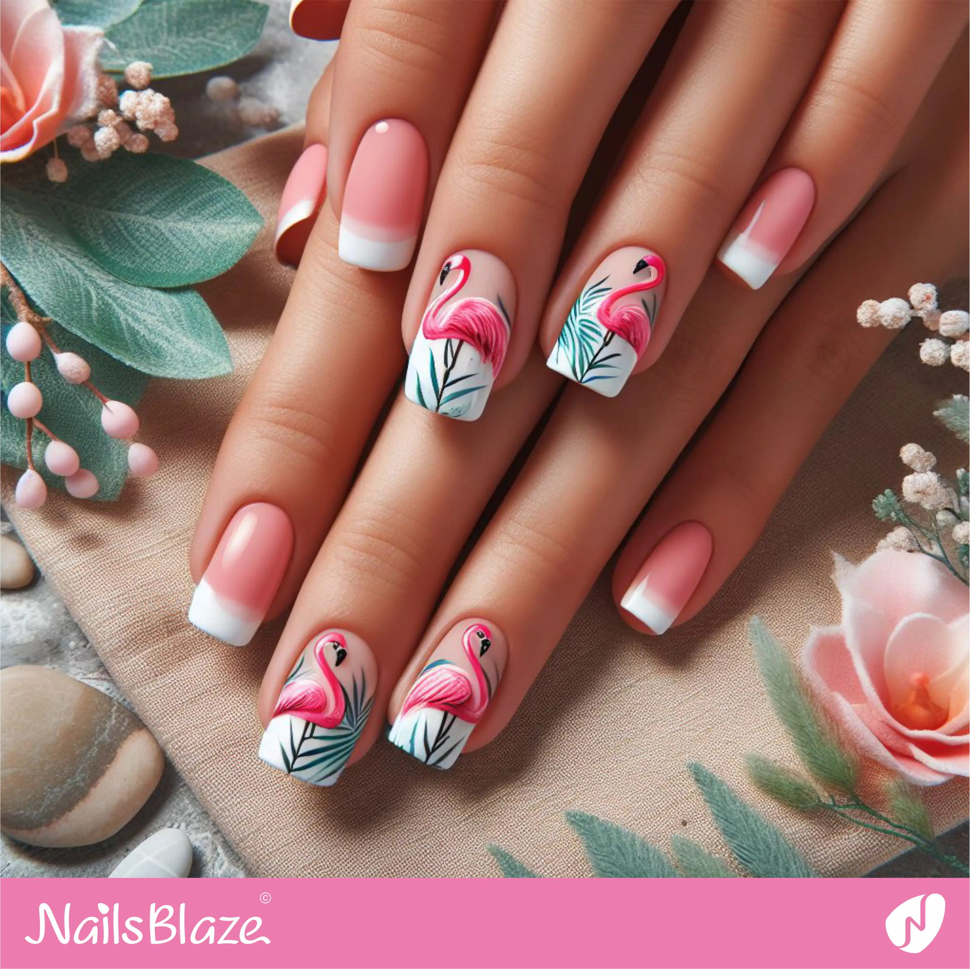 Tropical Flamingo French Nail Design| Tropical-NB-D-136