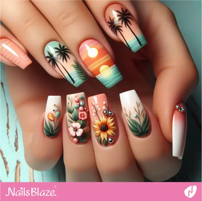 Tropical Floral Sunset Nail Design| Tropical-NB-D-113