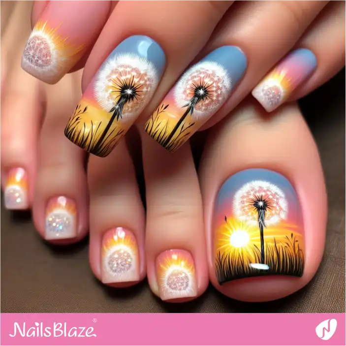 Glossy Tropical Dandelion and Sunset Toenail Design| Tropical-NB-D-115