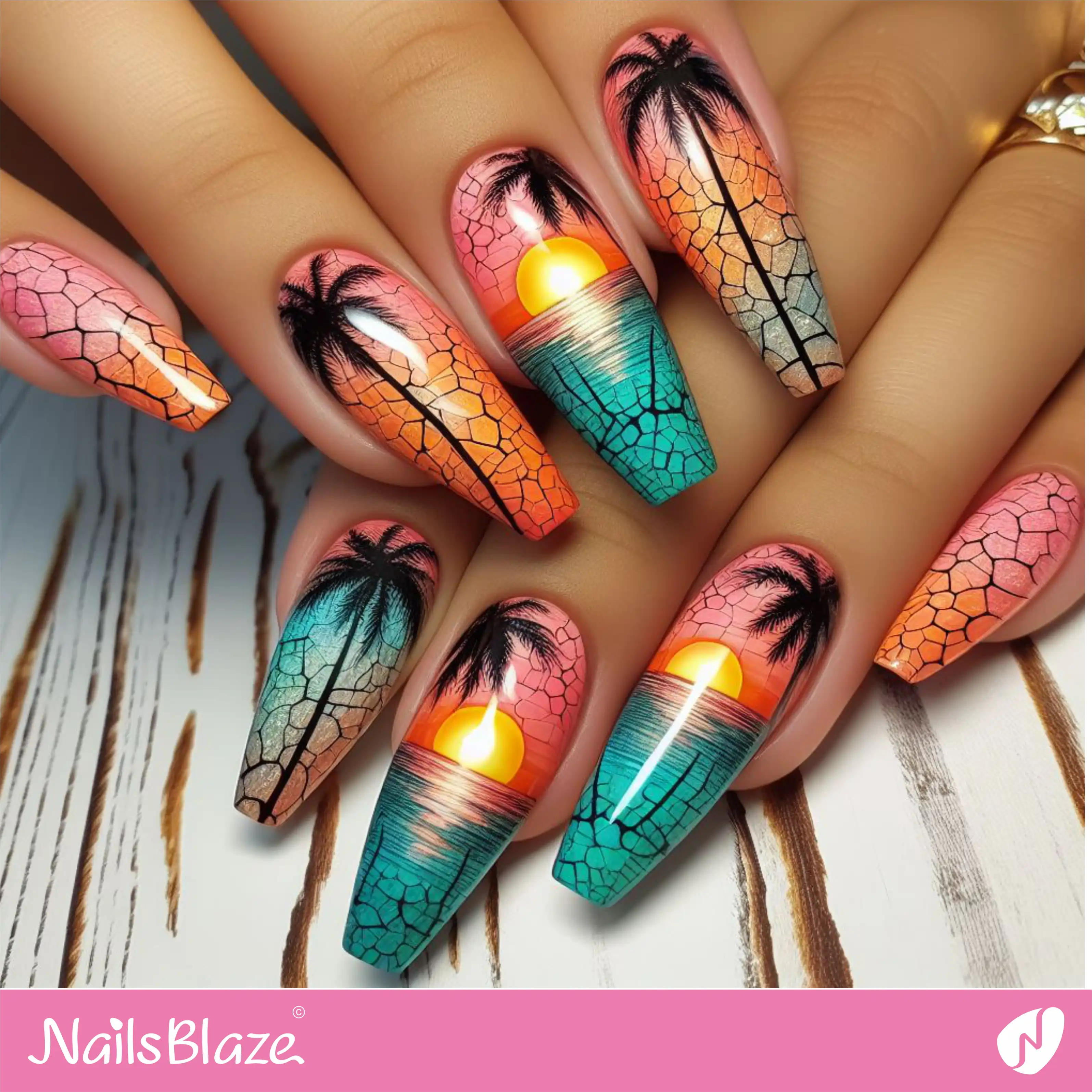 Tropical Sunset Crackle Nail Design| Tropical-NB-D-120