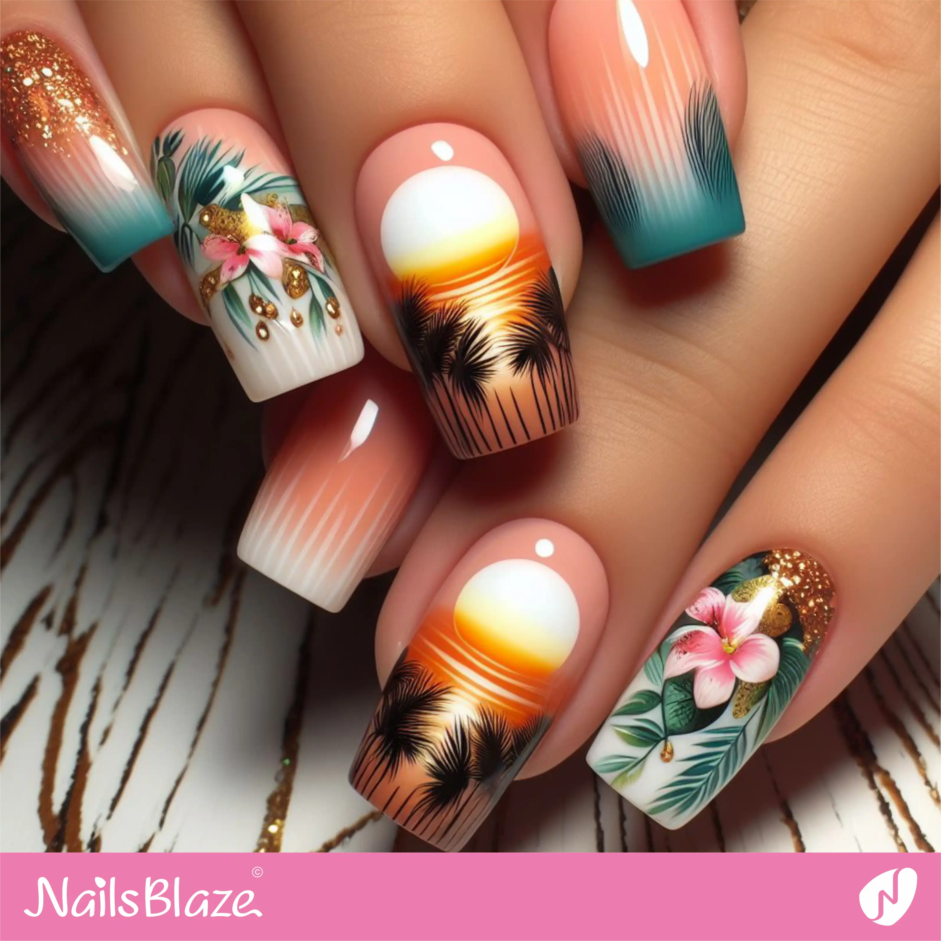 Tropical Sunset Striped Nail Design| Tropical-NB-D-140