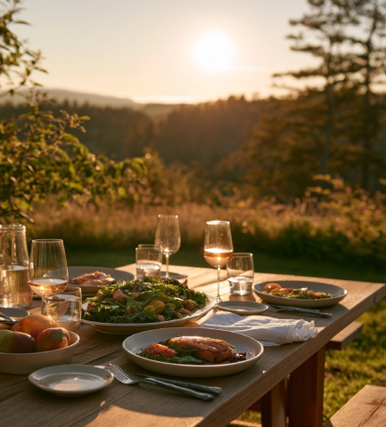 Shared Canadian farm-to-table meal surrounded by nature and warm light
