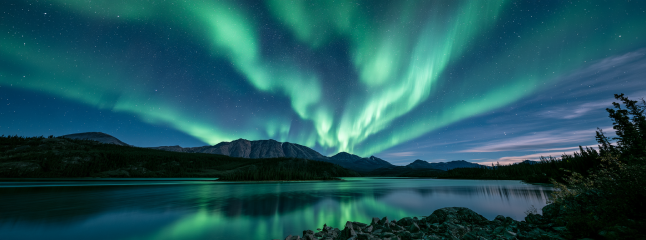Aurora Borealis dancing over Yukon wilderness lake