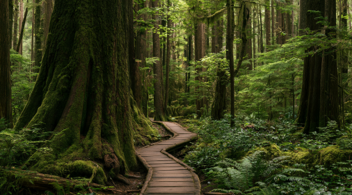 Serene mossy cedar canopy forest bathing trail