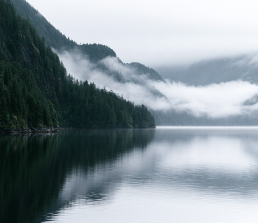 Misty coastal fjord and temperate rainforest mountains in British Columbia