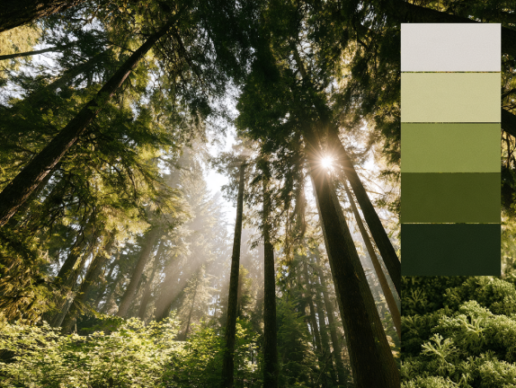 Canadian forest canopy, mountain sunlight and natural color textures inspiring botanical palette design