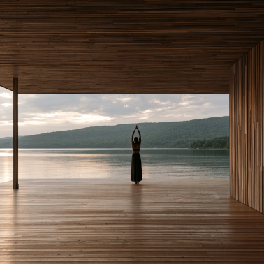 Mindful yoga practice pavilion overlooking tranquil lake