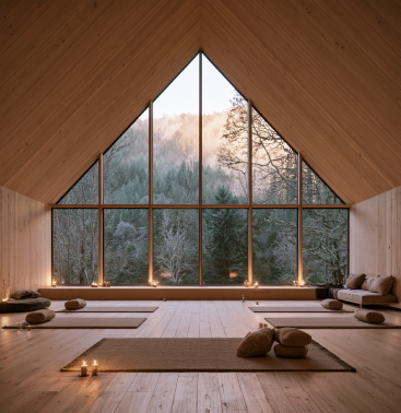 Quiet architectural retreat lodge interior and tranquil mountain light