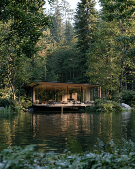 Architectural timber retreat lodge with floor-to-ceiling panoramic glass windows surrounded by Canadian forest and water