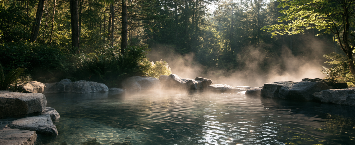 Outdoor thermal mineral pool with natural stone and rising mist in a tranquil Canadian forest