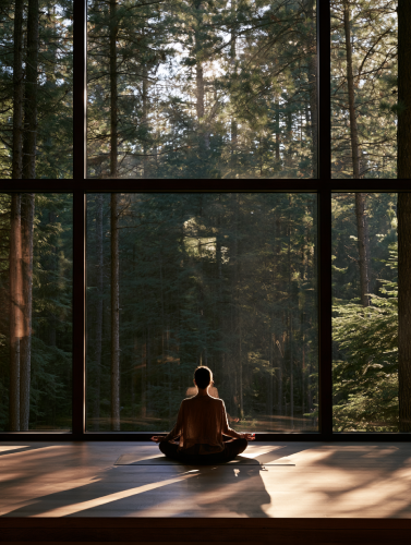 Meditation seated posture near pine forest window